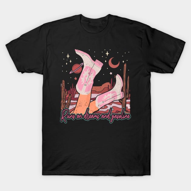 Runs On Dreams And Gasoline Desert Mountains Cactus Boot T-Shirt by Beetle Golf